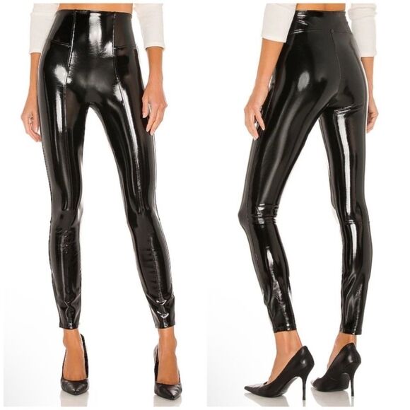 SPANX Sleek Black shaping High Waist Faux Leather Patent Leggings Size XS NWOT - Picture 2 of 14